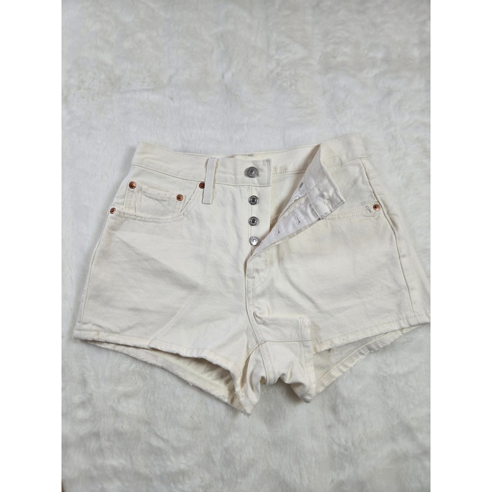 Levis Premium 501 Original High Rise Denim Shorts Buttonfly Cream Off White 27